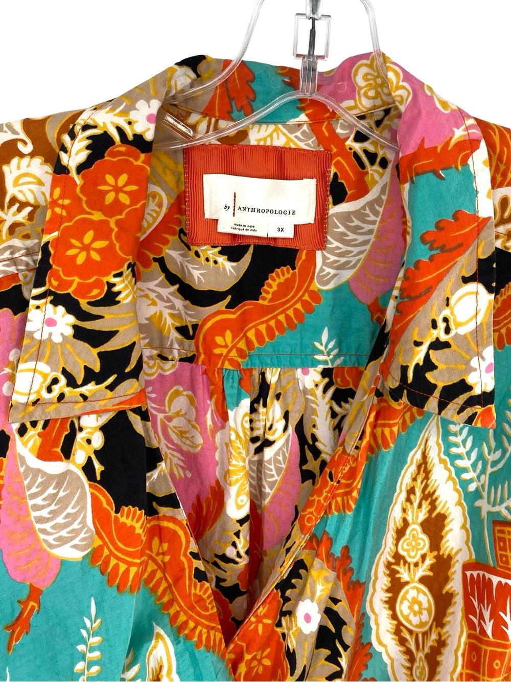 By Anthropologie V-Neck Wrap Dress Cotton Midi Colorful Tropical Size 3X - Picture 6 of 10